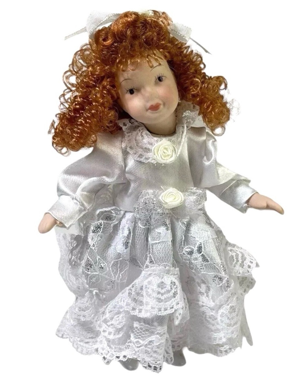 Porcelain Doll 7 Inch Hand Painted Red Hair White Dress Original Box With Stand